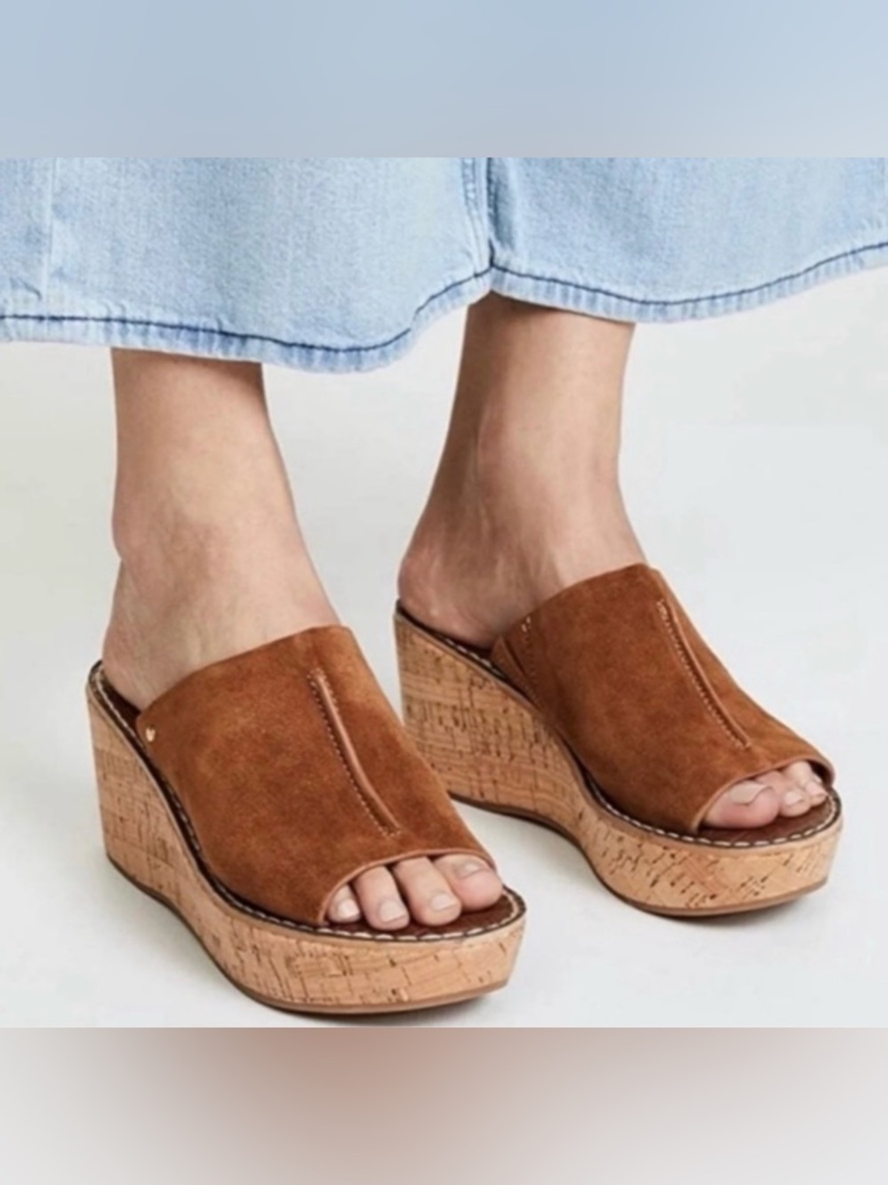 Sam Edelman Tan Suede Cork Wedge Slide Sandals